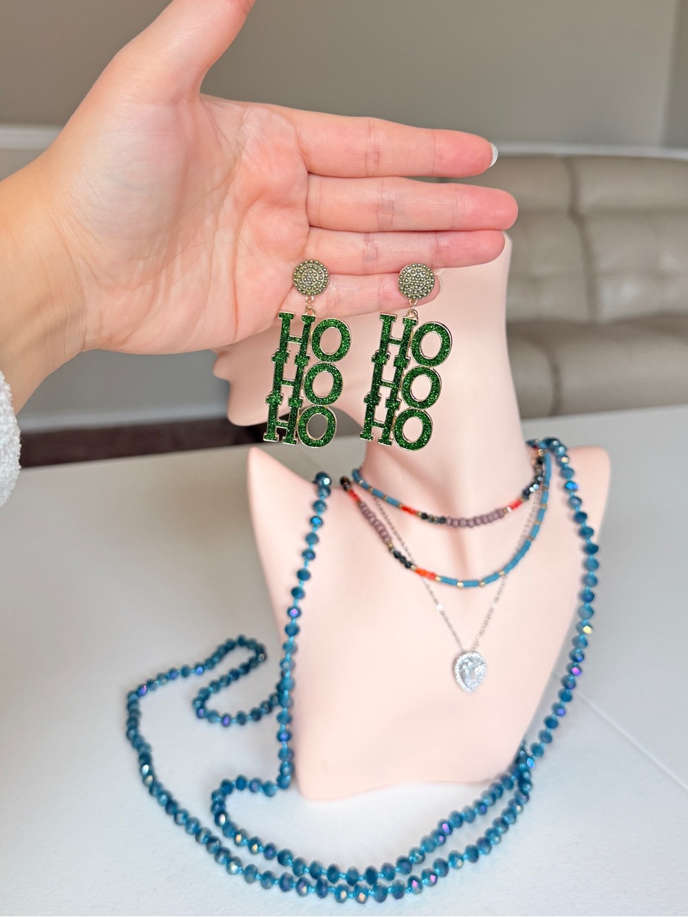 Holiday "HO HO HO" Green Drop Earrings - Picture 7 of 9